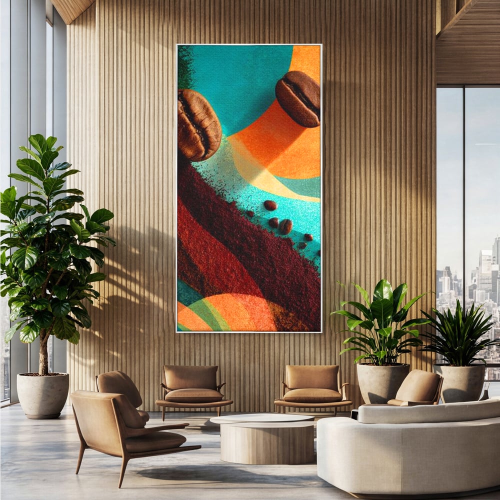Tablou canvas cu tablou abstract cu boabe de cafea, in rama de aluminiu argintiu, pe perete intr-un birou